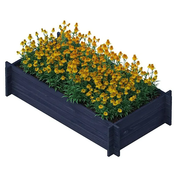 Upyard Hochbeet Multibox - L x B x H: 119 x 59,5 x 29,5 cm, Holz, Schwarz - Ein rechteckiger, blauer Pflanzkasten aus Holz mit gelben Rudbeckia-Blumen. Schöne Deko für Garten oder Terrasse.