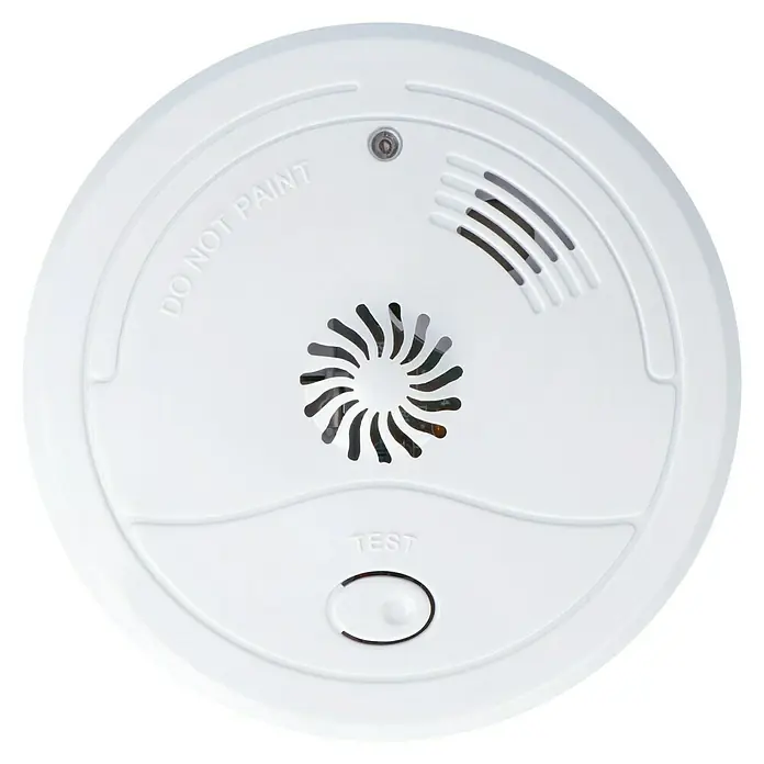 Hitzealarm85 dB - Weißer Rauchmelder mit Testknopf, runden Designelementen und Warnhinweis "Nicht überstreichen" für erhöhte Sicherheit.
