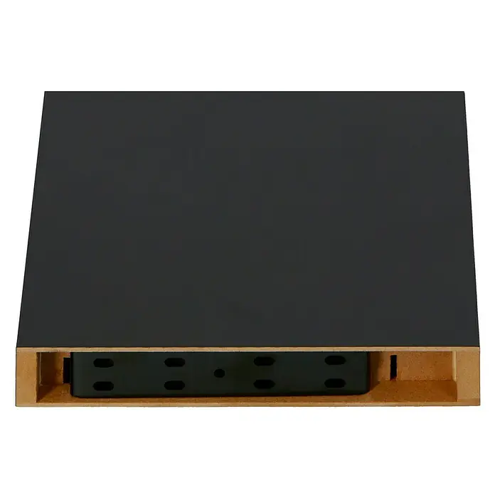 Regalux Estante flotante - L x An x Al: 23,5 x 24 x 3,8 cm, Negro, Carga soportada: 5 kg - Primer plano de un extraíble de cajón que muestra la construcción mecánica y la estructura de madera del mueble.