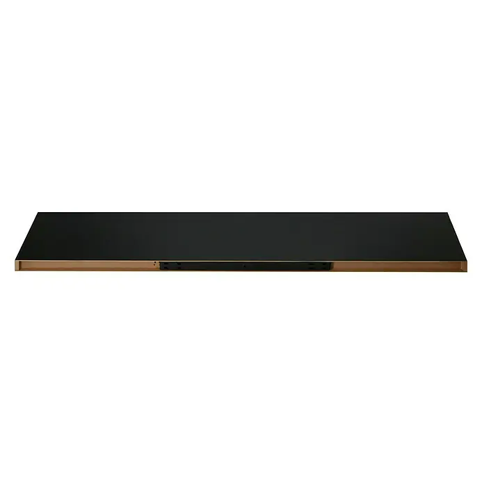 Regalux Estante flotante - L x An x Al: 23,5 x 118 x 3,8 cm, Negro, Carga soportada: 12 kg - Un primer plano de un escritorio largo y oscuro con un borde de madera y un soporte negro unido a la parte inferior.
