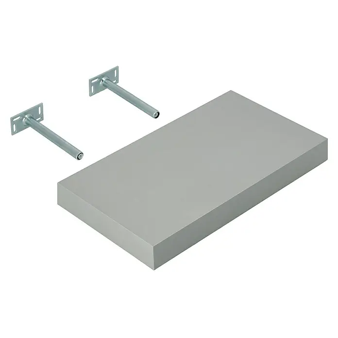Dolle Estante flotante Big Boy - L x An x Al: 44,5 x 25 x 5 cm, Plateado, Carga soportada: 30 kg - Un diseño de estante flotante con dos soportes, presentado sobre un fondo negro, mostrando su estilo elegante.