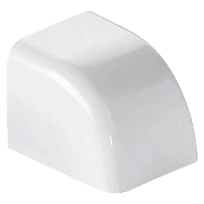 ZimaKlima Tapón final canal Rigel - Blanco, An x Al: 80 x 60 mm, Plástico - Primer plano de una cantonera blanca y redondeada, ideal para transiciones limpias y modernas en interiores. Perfecta para paredes y techos.