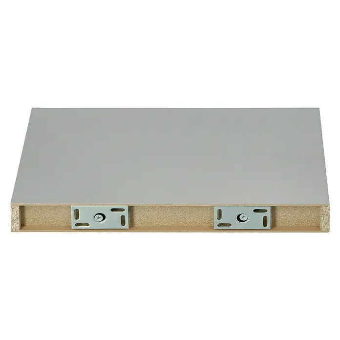 Dolle Estante flotante Big Boy - L x An x Al: 44,5 x 25 x 5 cm, Plateado, Carga soportada: 30 kg - Primer plano de un estante gris con soportes metálicos, diseñado para montaje en pared que ofrece una solución de almacenamiento robusta y elegante.