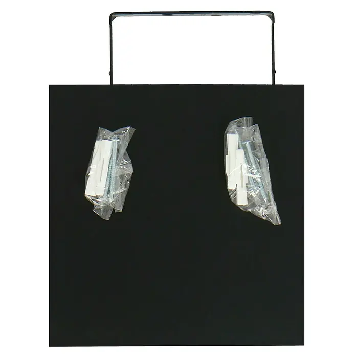 Regalux Estante flotante - L x An x Al: 23,5 x 24 x 3,8 cm, Negro, Carga soportada: 5 kg - Primer plano de una bolsa de compra negra con dos juegos de soportes de pared empaquetados en plástico.