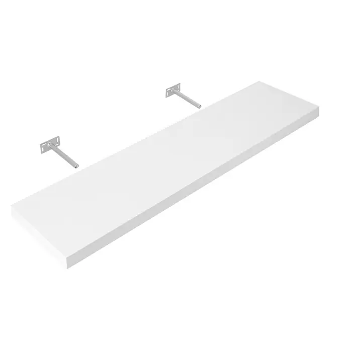 Dolle Wandboard Big Boy - L x B x H: 115 x 30 x 5 cm, Weiß, Belastbarkeit: 30 kg - Aufnahme eines weißen schwebenden Regals, das mit Metallstützen an einer schwarzen Wand befestigt ist und die Funktionalität hervorhebt.