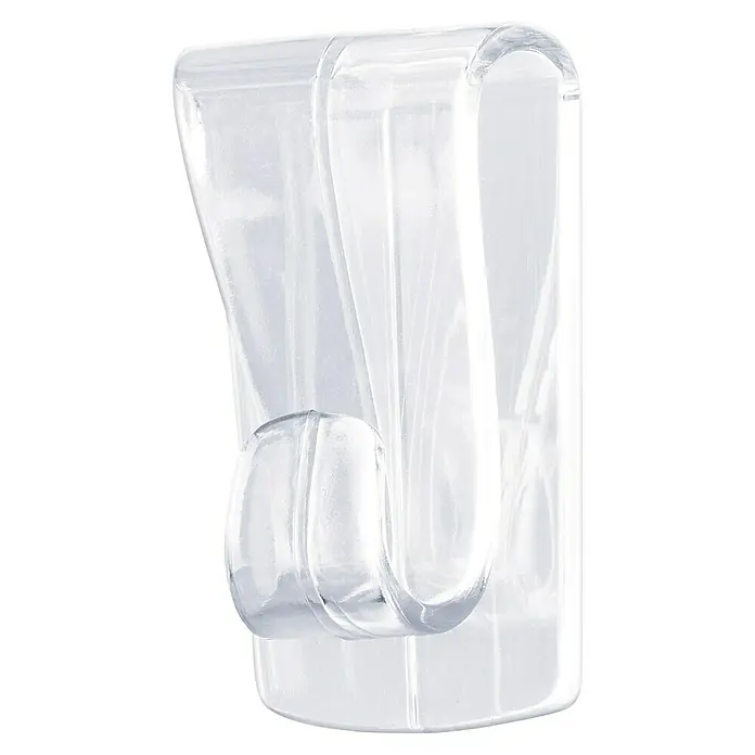 Tesa Powerstrips Dekohaken - Selbstklebend, Transparent, Größe: XL, 2 Stk. - Nahaufnahme eines transparenten, selbstklebenden Hakens. Ideal für leichte Gegenstände, einfache Montage ohne Bohren.