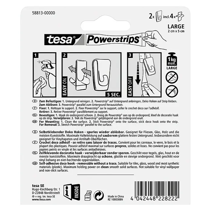 Tesa Powerstrips Dekohaken - Selbstklebend, Transparent, Größe: XL, 2 Stk. - Tesa Powerstrips Montageanleitung.
