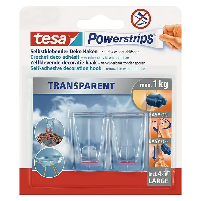 Tesa Powerstrips Dekohaken - Selbstklebend, Transparent, Größe: XL, 2 Stk. - Produktverpackung für Tesa Powerstrips Deko Haken. Selbstklebende, transparente Haken, spurlos ablösbar, max. 1 kg Tragkraft, 4 große Strips.