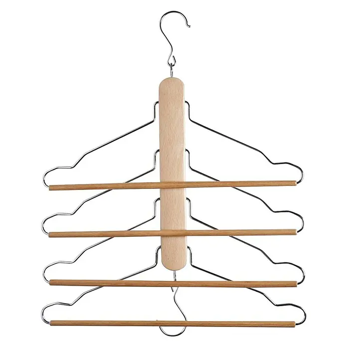 Percha para ropa múltiple - Madera - Percha para pantalones múltiple con barra central de madera y cuatro perchas de color cromo para colgar los pantalones en el armario ahorrando espacio.