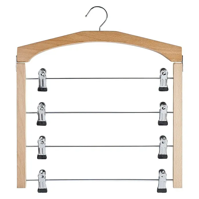 Percha para ropa multiusos Falda - Madera - Un colgador de pantalones de madera con cuatro barras y clips, ideal para el almacenamiento de ahorro de espacio de pantalones y faldas en el armario.