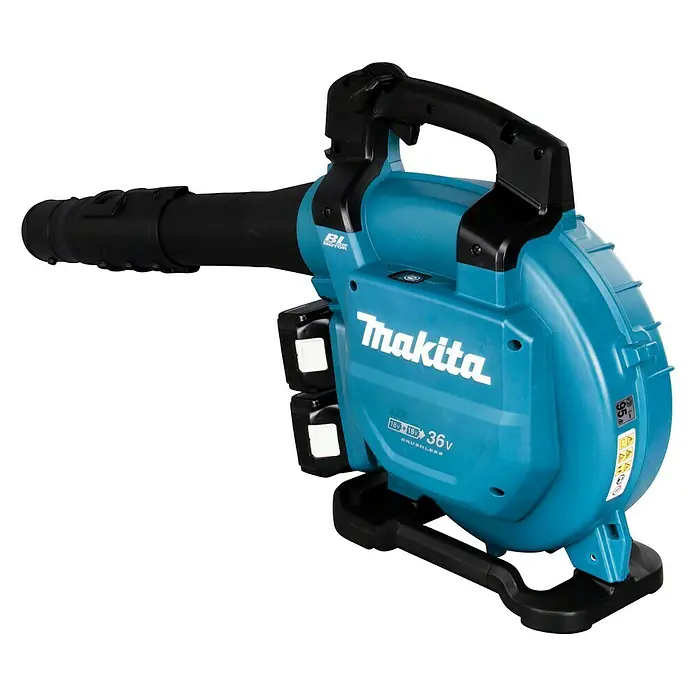Makita LXT 18V Akku-Laubbläser DUB363PT2V - 18 V, Li-Ionen, 2 Akkus, Blasleistung: 13,4 m³/min - Akkubetriebener Makita Laubbläser, Modell DUB363ZV, mit schwarzem Griff und Düse, ideal für die Gartenarbeit.