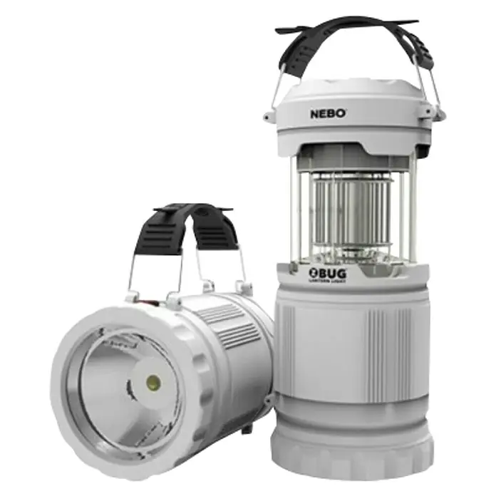 Lámpara de camping Luz anti mosquitos - 120 lm - 250 lm - Imagen de dos luces de linterna NEBO OBug, una de pie y otra tumbada, ambas en blanco y negro.