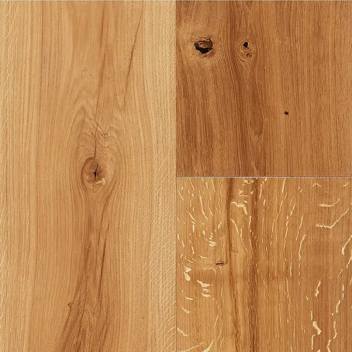 Parkett - Eiche Romeo, Landhausdiele, 2.200 x 260 x 15 mm - Nahaufnahme von Eichenparkett, das die natürliche Maserung und Astlöcher des Holzes hervorhebt.