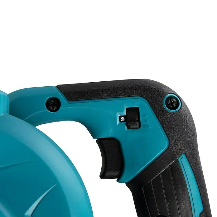 Makita LXT 18V Akku-Gebläse DUB186Z - 18 V, Ohne Akku, Li-Ionen, Blasgeschwindigkeit: 68 m/s - Nahaufnahme einer türkisfarbenen Makita-Laubbläsers, der Details wie den Griff und den Geschwindigkeitsregler zeigt.