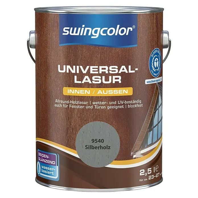 swingcolor Holzlasur - Silberholz, 2,5 l, Seidenglänzend - Dose Swingcolor Universal-Lasur in Silberholz, 2,5 l für Innen- und Außenbereiche, ideal für Holz, Fenster und Türen, seiden-glänzend und wasserbasiert.