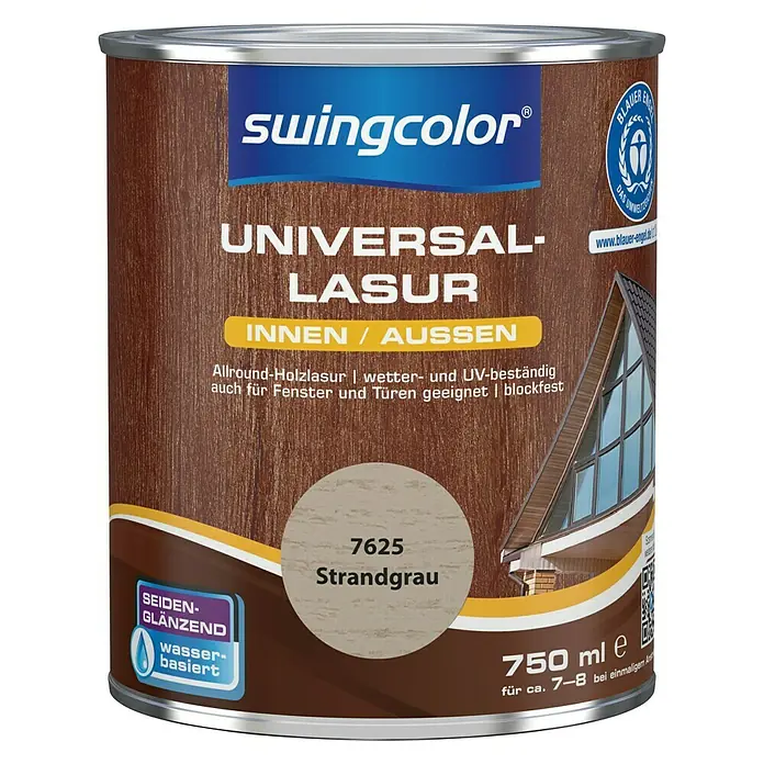 swingcolor Universal-LasurStrandgrau, 750 ml, Seidenglänzend, Wasserbasiert - Produktbild einer Dose Swingcolor Universal Lasur in Strandgrau, geeignet für Innen- und Außenbereiche.