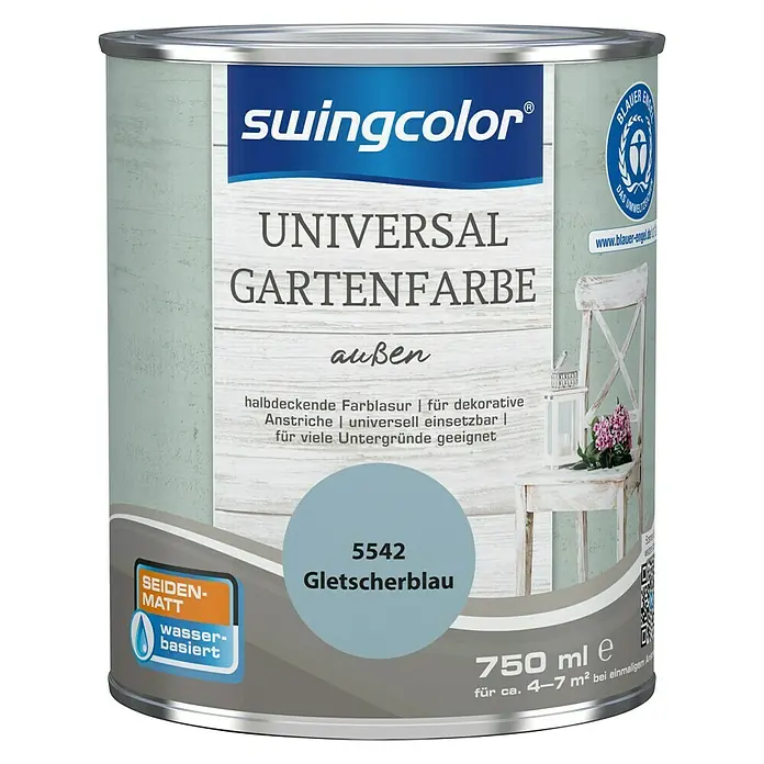 swingcolor Farblasur Universal-Gartenfarbe - 750 ml, Gletscherblau, Seidenmatt - Dose Universal Gartenfarbe "Gletscherblau" von Swingcolor, seidenglänzend, wasserbasiert, 750 ml für den Aussenbereich.