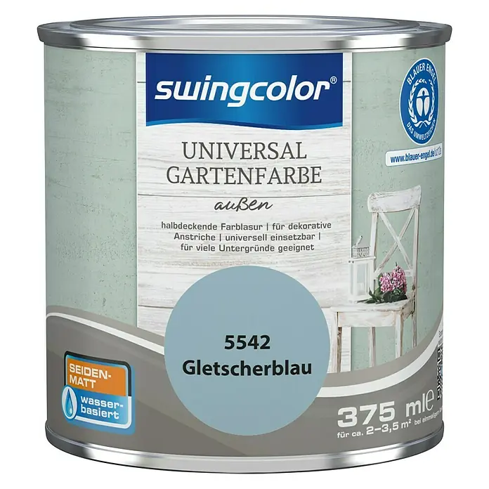 swingcolor Farblasur Universal-Gartenfarbe - 375 ml, Gletscherblau, Seidenmatt - Dose Universal Gartenfarbe "Gletscherblau" von Swingcolor, 375 ml, seidenmatt, wasserbasiert, für dekorative Aussenanstriche und viele Untergründe.