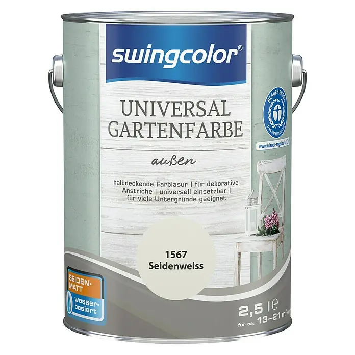 swingcolor Farblasur Universal-Gartenfarbe2,5 l, Seidenweiß, Seidenmatt - Abbildung einer Dose Swingcolor Universal Gartenfarbe in Seidenweiss. Geeignet für den Außenbereich, halbdeckend und vielseitig einsetzbar.
