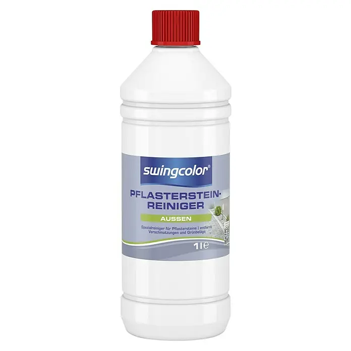 swingcolor Pflasterstein-Reiniger - 1 l, Flasche - Bild einer Flasche Swingcolor Pflastersteinreiniger für den Außenbereich. Der Reiniger ist in einer weißen Flasche mit rotem Deckel verpackt.