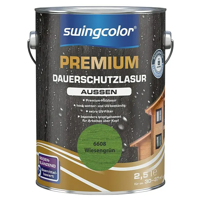 swingcolor Premium DauerschutzlasurWiesengrün, 2,5 l, Seidenglänzend, Lösemittelbasiert - Abbildung einer Dose Swingcolor Premium Dauerschutzlasur für Außen, Farbe Wiesengrün, Inhalt 2,5 Liter.