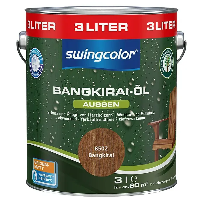 swingcolor Bangkirai-Öl - Bangkirai, 3 l, Seidenmatt - Dose Bangkirai-Öl von Swingcolor, 3 Liter. Ideal für den Schutz und die Pflege von Harthölzern im Außenbereich. Wasserabweisend und farbauffrischend.