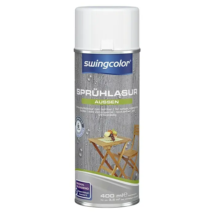 swingcolor Sprühlasur - Teak, 400 ml, Seidenglänzend - Dose Swingcolor Sprühlack für Außenbereiche, seidenmatt, lösemittelbasiert, 400 ml, ausreichend für ca. 3,5 m² bei einmaligem Anstrich.