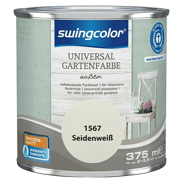 swingcolor Farblasur Universal-Gartenfarbe - 375 ml, Seidenweiß, Seidenmatt - Eine Dose Swingcolor Universal Gartenfarbe in Seidenweiß. Ideal für dekorative Anstriche im Außenbereich und vielseitig einsetzbar auf Untergründen.