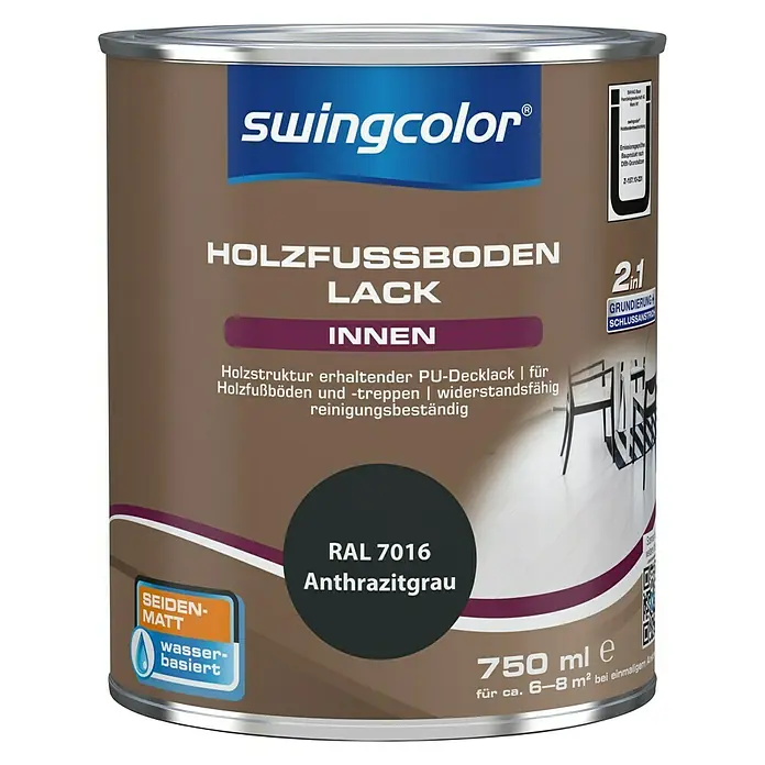 swingcolor 2in1 Fußbodenlack RAL 7016Anthrazitgrau, Seidenmatt, 750 ml, Wasserbasiert - Dose Swingcolor Holzfußbodenlack Anthrazitgrau, seidenglänzend, wasserbasiert, für Holzfußböden und Treppen im Innenbereich, 750 ml.