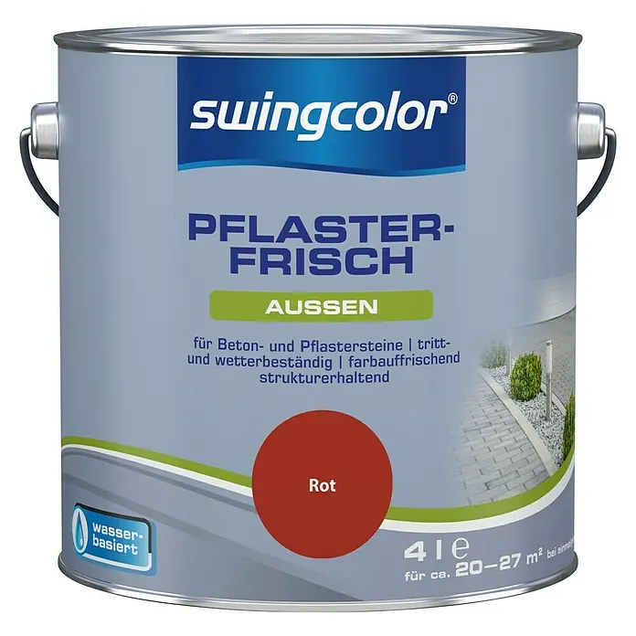 swingcolor Betonlasur Pflaster-Frisch - Rot, 4 l - Dose Pflasterfarbe von Swingcolor in Rot, wasserbasiert, für Beton- und Pflastersteine im Außenbereich, mit einer Reichweite von ca. 20-27 m².