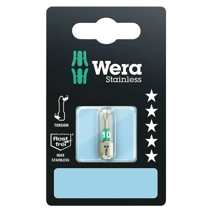Wera Bit 3867/1 EdelstahlTX 10, 25 mm - Eine Wera Edelstahl Torx Schraube Bit 10, ideal für rostfreie Anwendungen, verpackt in einer schwarzen und grünen Blisterpackung.