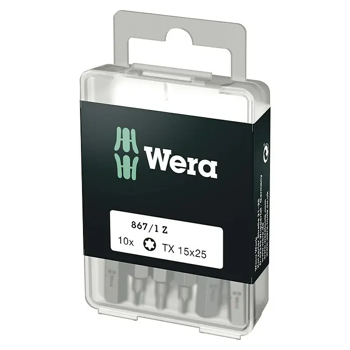 Wera Bit-Box 867/1Z - TX 15, 10 -tlg. - Wera 867/1 Z TX 15x25 Bits, 10-teilig, in kompakter Verpackung für Werkzeugliebhaber und Profis, ideal für präzise Schraubarbeiten.