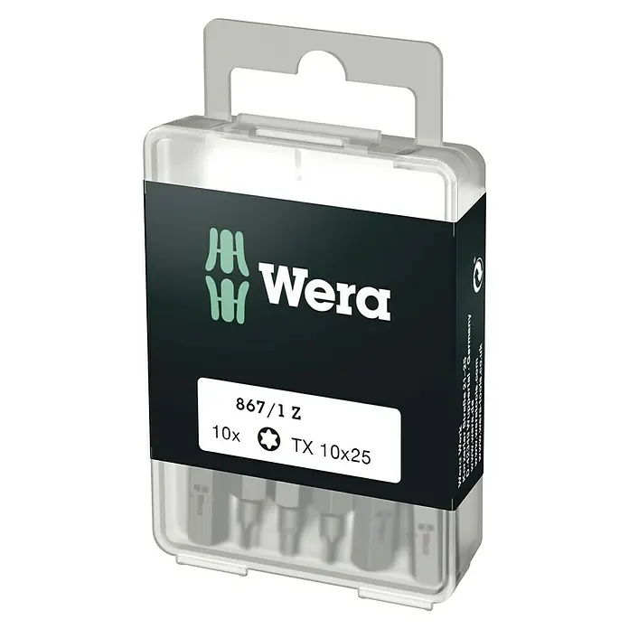 Wera Bit-Box 867/1Z - TX 10, 10 -tlg. - Nahaufnahme eines Wera 867/1 Z TX 10x25 Bitsatzes in transparenter Verpackung mit schwarzer Banderole.