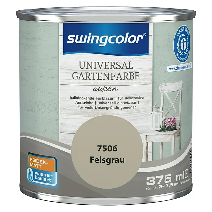 swingcolor Farblasur Universal-Gartenfarbe - 375 ml, Felsgrau, Seidenmatt - Dose Universal Gartenfarbe Felsgrau von Swingcolor, seidenmatt, wasserbasiert, für den Außenbereich, Inhalt 375 ml.