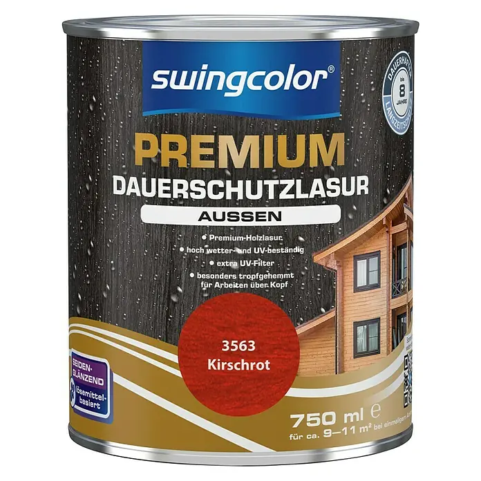 swingcolor Premium Holzlasur - Kirschrot, 750 ml, Seidenglänzend - Farbdose Swingcolor Premium Dauerschutzlasur Aussen, Farbe Kirschrot, 750ml, seidenglänzend, lösemittelbasiert für den Aussenbereich.