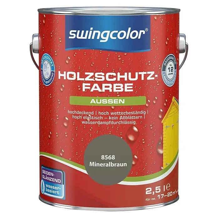 swingcolor Holzschutzfarbe - Mineralbraun, 2,5 l, Seidenglänzend - Dose Swingcolor Holzschutzfarbe Mineralbraun 2,5L für den Außenbereich. Hochdeckend, wetterbeständig und wasserdampfdurchlässig für langanhaltenden Schutz.