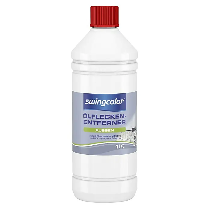 swingcolor Ölflecken-Entferner - Flasche, 1 l - Produktaufnahme einer weißen Plastikflasche „Swingcolor Ölfleckenentferner AUSSEN“, die einen roten Verschluss hat.