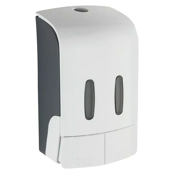 Wenko Dispensador de jabón Tartas - Plástico, Blanco, Capacidad del depósito: 960 ml - Un dispensador de jabón moderno en blanco y gris, ideal para el baño o la cocina. Ofrece una solución higiénica para la limpieza de manos.