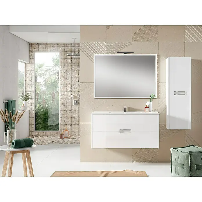 Armario colgante de baño de baño Montana - 35 x 25 x 110 cm, Blanco - Interior de baño moderno con tocador blanco, espejo y armario alto. Diseño luminoso y acogedor para un ambiente elegante.