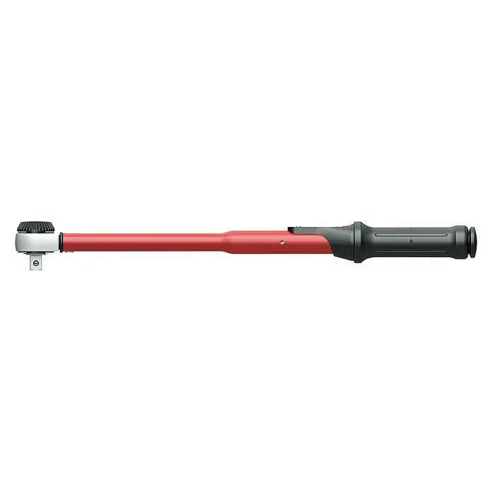Gedore Drehmomentschlüssel R68900200 - ½″ Vierkant, 40 Nm - 200 Nm - Abbildung eines Drehmomentschlüssels mit rotem Griff und schwarzem Kopf, isoliert auf schwarzem Hintergrund.