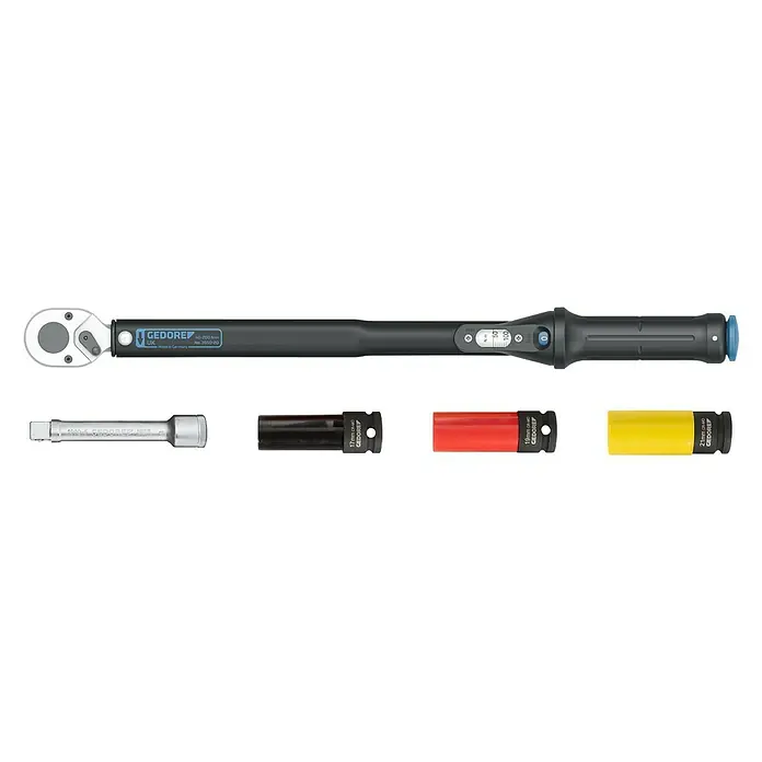 Gedore Drehmomentwerkzeuge-Set TORCOFLEX UK - 4 -tlg., ½″ Vierkant, Einstellungsbereich: 40 Nm - 200 Nm - Ein Gedore Drehmomentschlüssel mit verschiedenen Aufsätzen, ideal für präzise Arbeiten.