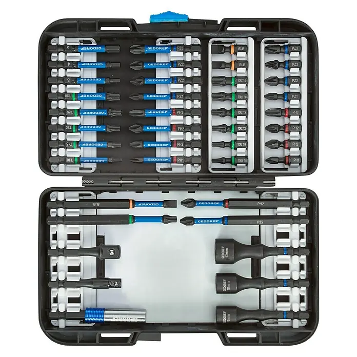 Gedore Bit-Set42 -tlg. - Gedore Bit- und Steckschlüsselsatz, geöffnet präsentiert, ideal für verschiedenste Schraubarbeiten mit präzisen und langlebigen Werkzeugen.