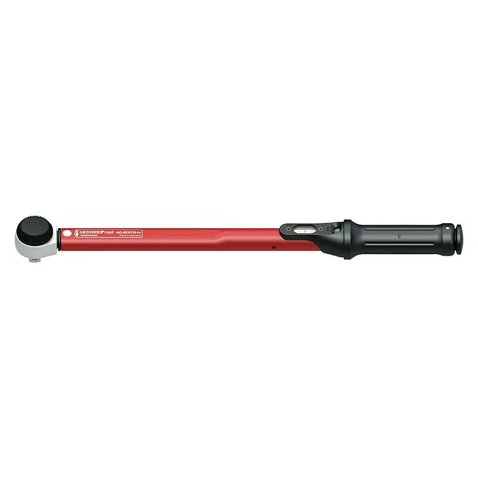 Gedore Drehmomentschlüssel R68900200 - ½″ Vierkant, 40 Nm - 200 Nm - Drehmomentschlüssel von GEDORE red mit rotem Griff und schwarzem Griffende zur präzisen Drehmomentkontrolle beim Anziehen von Schrauben.