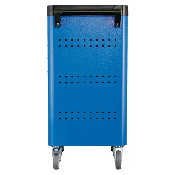 Gedore Werkstattwagen WSL-L7 workster smartline large - L x B x H: 505 x 870 x 1.045 mm, Anzahl Schubladen: 7 Stk., Traglast: 400 kg - Ansicht des blauen Werkzeugwagens mit Rädern und quadratischen Löchern zur Werkzeugaufbewahrung.