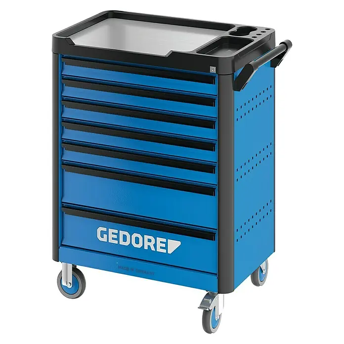 Gedore Werkstattwagen WHL-L7 workster highline large - L x B x H: 510 x 785 x 1.045 mm, Anzahl Schubladen: 7 Stk. - Blaue GEDORE Werkbank mit sieben Schubladen, einer Ablagefläche und praktischem Griff für den Transport, ideal für jede Werkstatt.