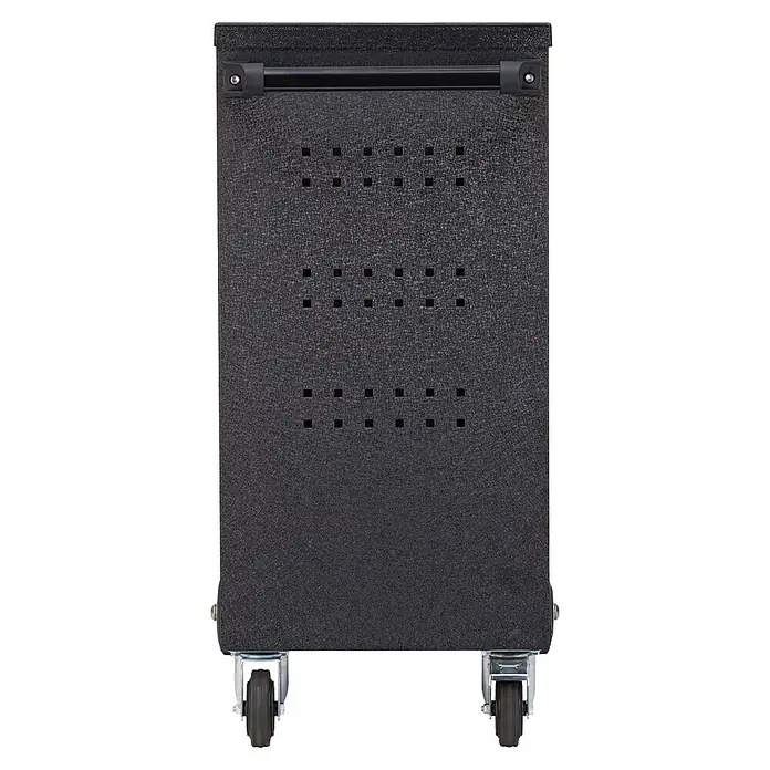 Gedore Werkstattwagen red Mechanic Impuls Black - L x B x H: 418 x 628 x 910 mm, Anzahl Schubladen: 6 Stk. - Ansicht eines schwarzen Werkzeugschranks mit Rädern, Griff und quadratischen Löchern, ideal für die Aufbewahrung von Werkzeugen.