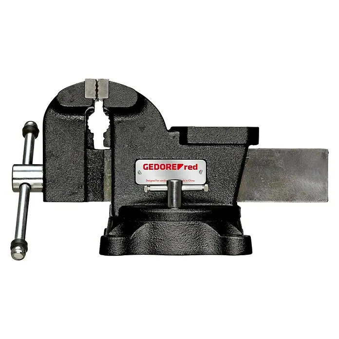 Gedore Schraubstock 411-150Backenbreite: 150 mm, Spannweite: 125 mm - Eine schwarze GEDORE red Werkbank mit silbernen Backen und einem Griff. Sie ist robust und für den Einsatz in der Werkstatt konzipiert.