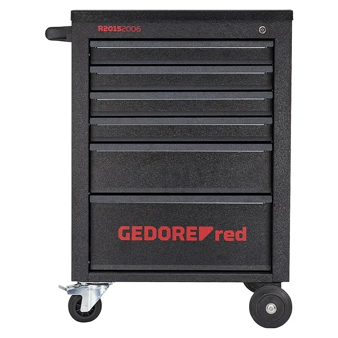 Gedore Werkstattwagen red Mechanic - L x B x H: 418 x 628 x 910 mm, Anzahl Schubladen: 6 Stk. - Abbildung eines schwarzen GEDORE red Werkzeugwagens mit fünf Schubladen, ideal für die Werkstattorganisation.