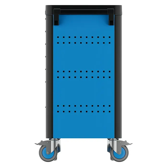 Gedore Werkstattwagen WHL-L7 workster highline large - L x B x H: 510 x 785 x 1.045 mm, Anzahl Schubladen: 7 Stk. - Ansicht von vorne eines blauen Werkzeugwagens mit Rollen und Löchern zur Aufbewahrung von Werkzeugen.