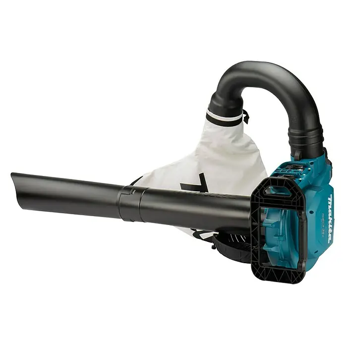 Makita LXT 18V Akku-Laubbläser DUB363ZV - 18 V, Li-Ionen, Ohne Akku, Blasleistung: 13,4 m³/min - Makita Akku-Laubsauger mit schwarzem Blasrohr, weißem Fangsack und blautürkisfarbenem Gehäuse.